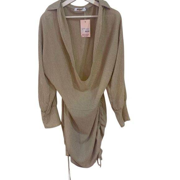Missguided NWT TALL crinkled texture drape front mini dress tan/cream color size - Picture 1 of 9